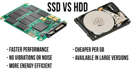 HDD vs SSD - faster performance, no vibratiins or noise, more energy efficient